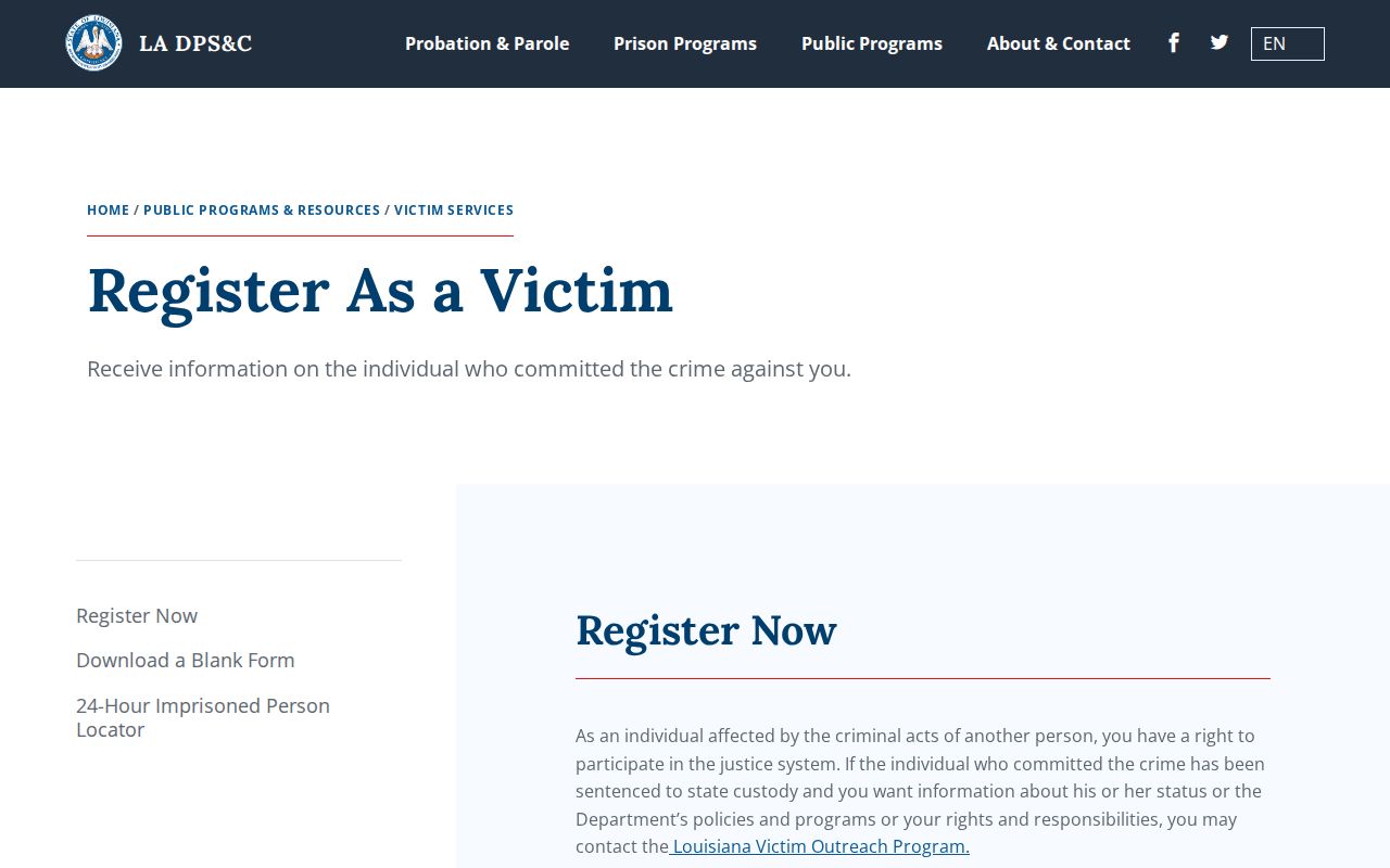 Louisiana VINE victim registration and custody notification page