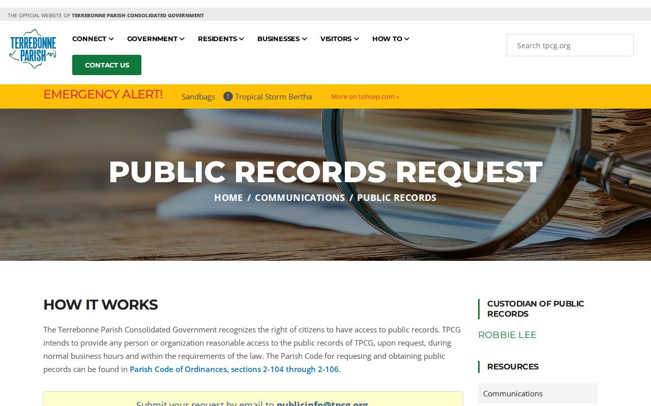 Terrebonne Consolidated Government public records request page for Houma records