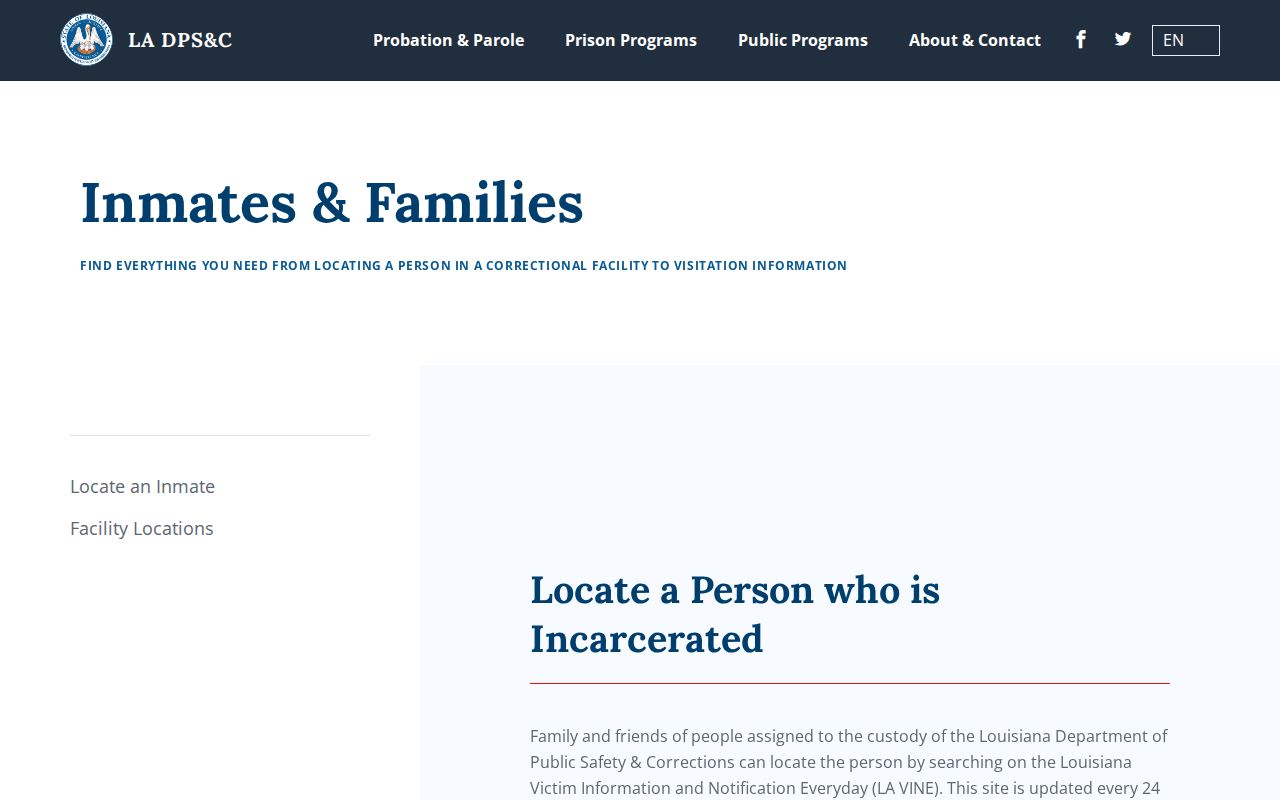 Louisiana inmate information page with LA VINE custody resources