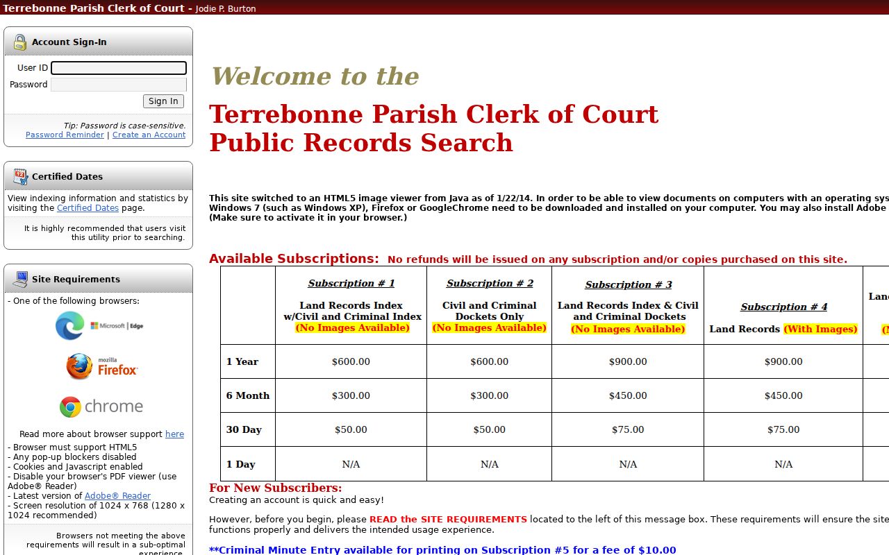 Terrebonne Parish criminal court cases eSearch sign-in screen